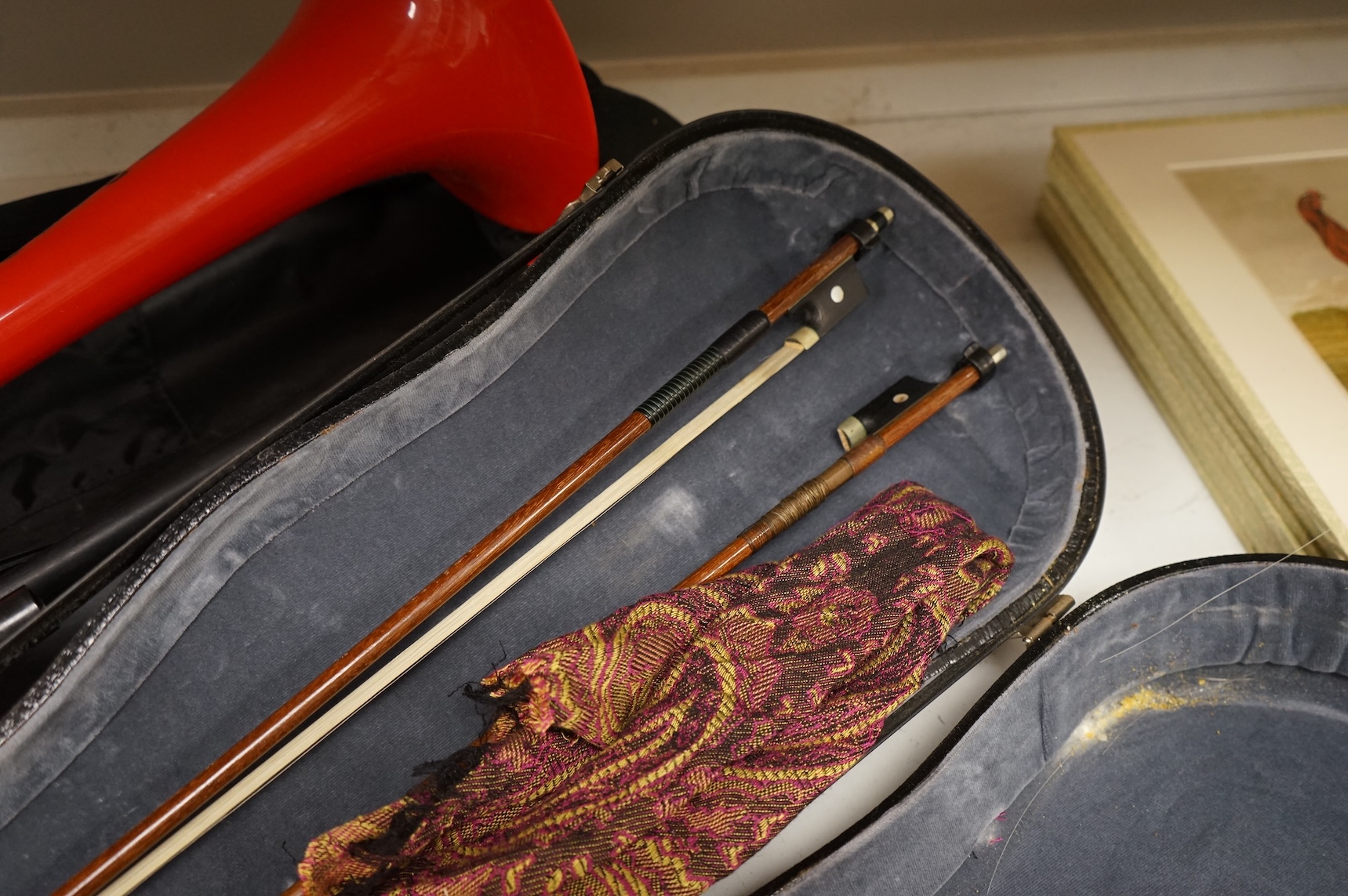 Three musical instruments to include a Buffet flute and violin with two bows